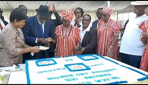 Birthday cake... Founding President Sam Nujoma shares his birthday cake with his wife Kovambo Nujoma. The birthday celebration is underway at his homestead in the Etunda village. Video: Festus Hamalwa | New Era Newspaper