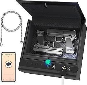 Biometric Gun Safe for Handgun, 0.22 Cubic Feet Fingerprint Pistol Safe Gun Lock Box with App Control, 4-Ways Quick Access Hand Gun Safes for Beside Nightstand Closet
