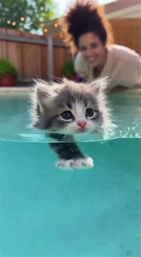 A tiny, adorable kitten paddling gently in a backyard swimming pool.#shorts