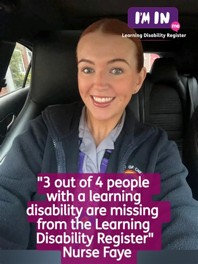 If you have a learning disability, have you said I'm In? Joining the Learning Disability Register is one of the most important things you can do for your healthcare. It helps your GP understand the support you need. Like more time at appointments or information in Easy Read. You can ask your GP to add you today. Our letter building tool can help you. Find the link in our bio. 💜 @student.nurse.faye is saying I’m in. Are you? Mencap are working to increase the number of people on the Learning Dis