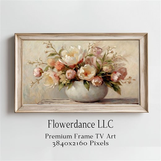 Floral Frame TV Art, Spring Peonies, Ceramic Bowl, Feathery Grass, Digital Download - Etsy