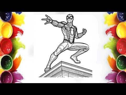 Spider-Man Action Pose Coloring Page | Superhero Rooftop Printable Outline