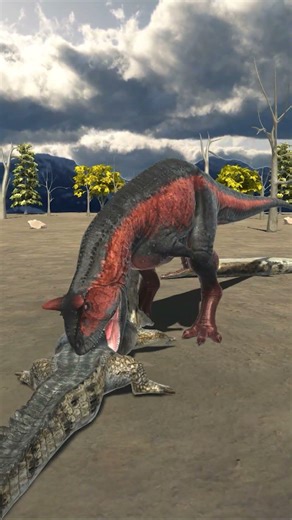 Saltwater Crocodile and Carnotaurus Under Dark Sky