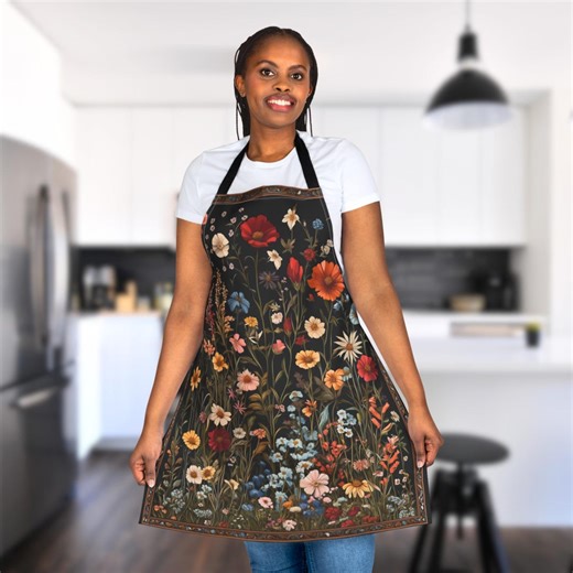 Dark Floral Apron – Cottagecore Kitchen Apron With Vintage Meadow Flowers, Rustic Wildflower Garden Gift, Botanical Cooking Apron for Her - Etsy