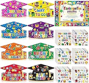 Chunful 96 Pcs Kindergarten Grad Hats and Preschool Diploma Set 48 Pcs DIY Graduation Paper Cap for Kid with Stickers 48 Pcs Preschool Graduation Certificate for Congrats Kid Graduation Party Supplies