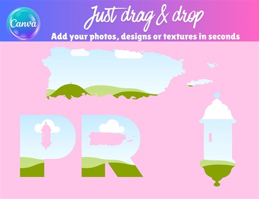 Cadres glisser-déposer des initiales PR | Carte de Porto Rico et cadres El Morro Canva | Cadres de maquette modifiables en toile de Porto Rico - Etsy France