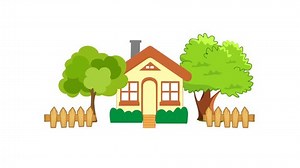 4K animation of house with trees and fence. house animated motion graphic with white background
