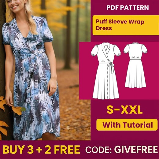 Puff Sleeve Wrap Dress Sewing Pattern | Beginner Friendly (PDF Download) - Etsy UK