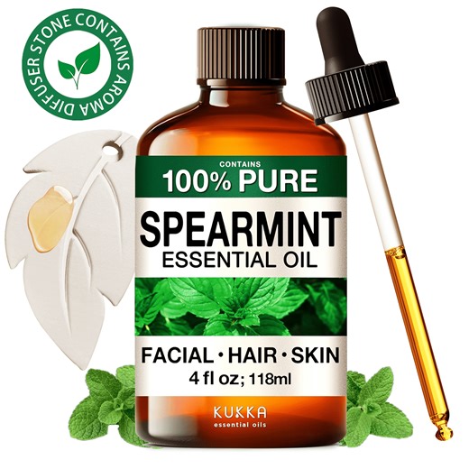 Kukka Spearmint Essential Oil with Aromatherapy Stone - 100% Pure Indian Minty Scent for Diffuser, Skincare, DIY & Blends - 4 fl oz