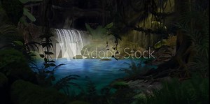 Animated landscape of a waterfall and natural pool in a dark rainforest or tropical jungle, with a variety of plants and vines, and rays of sunlight