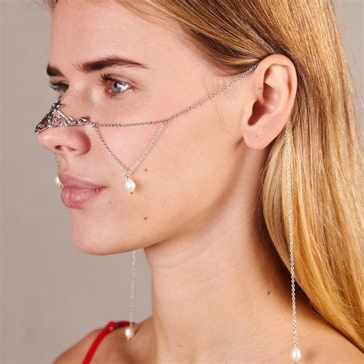 Stainless Steel Face Chain, Nose Bridge to Ear Jewelry, Pearl Face Drape, Crystal Nose Chain, Adjustable Face Jewelry Silver Metal Face Mask - Etsy