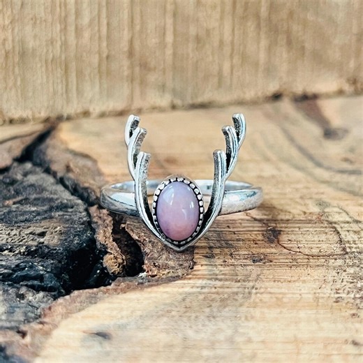 Pink Opal Antler Ring, Boho Deer Horn Jewelry, Animal Totem Ring, Pink Stone Silver Ring - Etsy