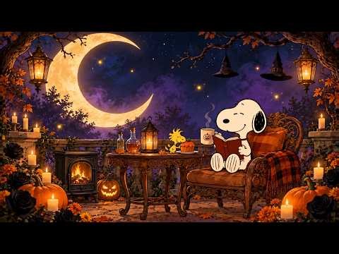 Snoopy’s Pumpkin Halloween Café Jazz | Cozy Crackling Fire Ambience for Relax