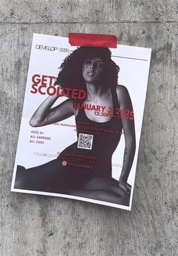 IT’S A NEW YEAR TO GET SCOUTED! Our next open casting call is happening soon! 📅 January 3, 2026 ⏰ 12:30 PM – 1:30 PM 📍 Develop Model Management 1206 S 20th St, Omaha, NE 68108 We’re scouting new faces of all looks and backgrounds. ✔️ Ages 14 ✔️ All genders ✔️ All sizes Think you’ve got what it takes? Come meet our team and take the first step toward your modeling career. 📲 Follow us for future castings & updates: @developmodels #GetScouted #DevelopModels #OpenCasting #ModelSearch #OmahaModels