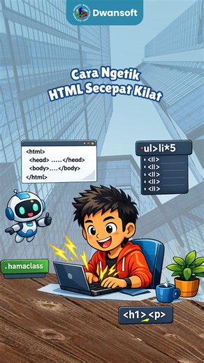 Dwansoft on Instagram: "Masih ngetik tag satu-satu? Tinggalin cara lama! Fitur ini namanya Emmet Abbreviation dan udah bawaan di VS Code (gak perlu install extension lagi). Rumus Wajib Hafal: 1️⃣ ! + Tab = Struktur Dasar HTML 2️⃣ ul>li*5 = Bikin List 5 baris 3️⃣ .namaclass = Bikin Div dengan Class 4️⃣ h1+p = Bikin H1 dan Paragraf sebelahan Siapa yang baru tau trik nomor 2? #fyp #fypreelsシ゚ #fypシ❤️💞❤️ #fypppppppppppppppppppppppppppppppppppppppppppppppppppppppppppppppppppppp #fypreelsシ゚viralシ"