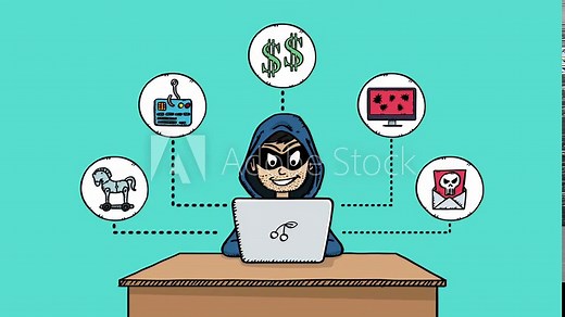 Cartoon style animation of hacker working on his laptop, surrounded by icons. The hacker is in his mask and hood, and hi is sitting in front of a desk.