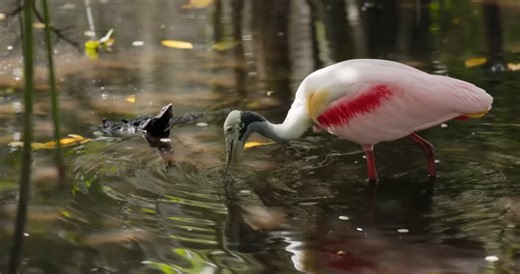 Watch what happens when a roseate spoonbill sweeps fish in shallow water