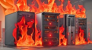 Flames engulfing a computer server causing a dangerous fire hazard Create a visual representation of a firewall blocking potentially harmful data from entering a system 4k animation