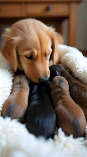 Adorable Puppy Cuddles Newborn Puppies