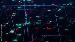 Changing stock market data on a dark background. Stationary camera. Movements in the financial market. Virtual display of quotes. Looped, 4K