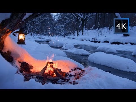 Blue Hour Campfire by the Icy River🌙 As Darkness Falls | Winter Ambience for Sleep & Relaxation (4K)