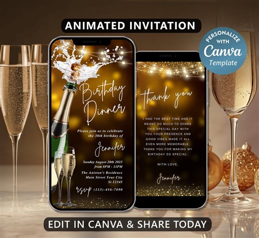 Elegant Champagne Birthday Video Invitation, Editable Canva Template, Animated Invite, Digital Download - Etsy