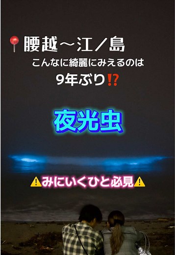 実際見に行ってみて分かった！夜光虫見に行く時の注意点まとめ‼️ ①情報収集マスト Xで昼頃から赤潮の情報を集めておこう！ 夜になったらリアルタイム情報を漁りまくろう！ ②長袖で行こう！ 半袖寒すぎ😂上着は必須です！ ③できるだけ電車・自転車で行こう！ 車は渋滞すごいし停める場所ほぼない🥲 ④諦めず場所移動💪 現地で見えなくても大丈夫！ 鵠沼海岸、片瀬海岸、腰越、私たち全部自転車で移動したよ笑 どうせ来たからには本気で見に行けば絶対見れるよ‼️ 28日は由比ヶ浜ら辺もすごかったみたい！ ⑤日によって見やすい場所が違う！ 昨日の情報はあてにならない！探すしかない💦 ⑥人だかりがあっても信じるな！ 確かにすごく綺麗に見れるところには人が沢山いるけど、見えないところにもいっぱいいる笑 惑わされてずっとそこにいても見えないものは見えないよ！動こう！ 5/28は27とは違って江ノ島よりも腰越の方が綺麗に見えたよ！ 見えるのは今だけ！ 夜光虫見に行く時ぜひ参考にしてね❣️ #夜光虫 #腰越 #江ノ島 #湘南 #江ノ電