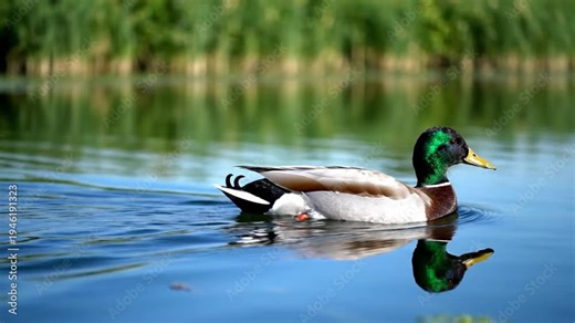 Mallard duck gliding gracefully on a calm lake, showcasing vibrant plumage and perfect reflection on water