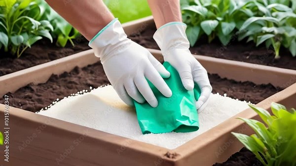 Gardening tips for beginners showing how to properly fertilize soil in a raised garden bed during spring season Stock Video
