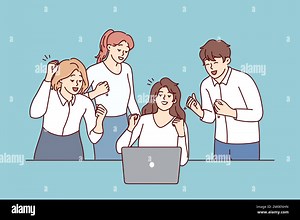 Successful women and man employees of startup rejoice and look at laptop screen. Young girl and guy make victory gesture after learning good news after video call in computer. Flat vector design Stock Vector Image & Art - Alamy