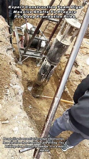Expert Construction Team Digs Massive Shafts To Prepare For Deep Foundation Piles