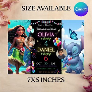 Editable Siblings Birthday Invitation, Custom Double Theme Party, Canva Double Birthday Invite, Dual Combined Twins Boy & Girl Double Invite - Etsy