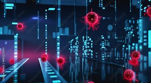 Detailed visualization of a virus model affecting a computer with cybersecurity data in the backdrop.