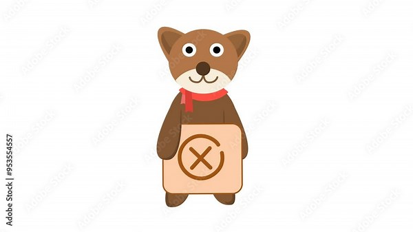 A cute bear holding a wrong sign checkbox cartoon character animation in a transparent background. Alpha channel. Suitable for animal video element content