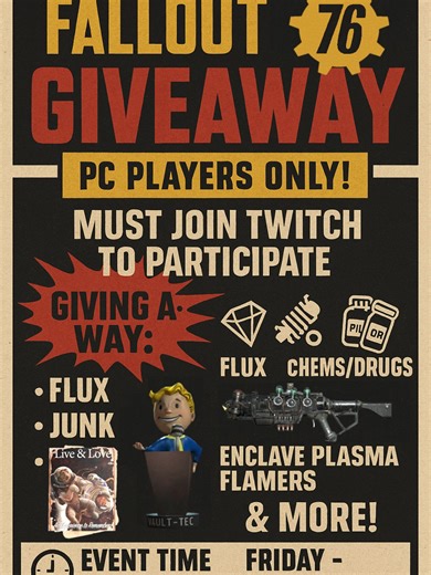 Join my twitch live friday evening for my first fallout 76 in game giveaway. PC ONLY, dont miss your chance at some free in game items! #twitch #tiktoklive #twitchstreamer #kickstreaming #pcgaming #gametok #gaming #twitchclips #fallout76 #fallout #raider #giveaway