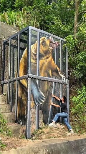 Creating a Bear in a Cage Wall Painting Using Only My Hands and Simple Tools