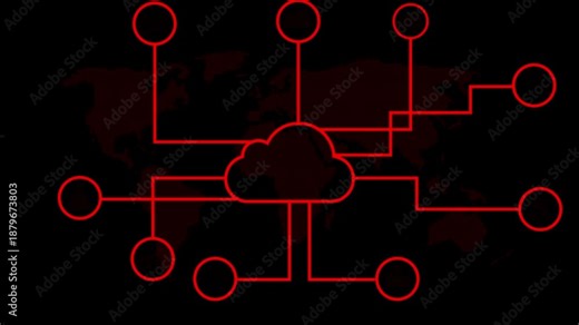 Global cloud computing network connection diagram with red lines connecting to a central cloud over a dotted map on a dark background