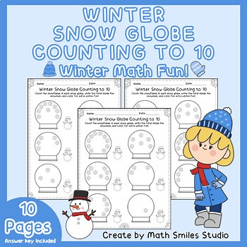 Snow Globe Counting to 10 | Count & Color Snowflakes | Winter Math Worksheets