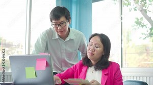 4k Two businessmen, company employees, consult, plan, help each other work or teach new employees. In business conceptual organizations Team work