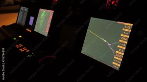 Radar monitor in a ship. Ship and cruise yacht navigation screens during sea maneuvers