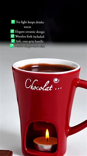 Creative design: Elegant ceramic mug featuring a built-in compartment for a tea light candle, allowing chocolate or beverages to stay warm, with a wooden fork attached for a unique and functional presentation Complete set: Includes a ceramic mug, a wooden fork, and a tea light candle, providing a ready-to-use solution for melting chocolate or enjoying hot drinks Comfortable handling: Equipped with a sturdy handle for a safe grip and effective heat protection during use Heat-resistant ceramic: De