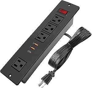 Desktop Recessed Power Strip USB C (Fast Charge 20W),Mounted Desk Plug in Extension Cord 4 Outlets (1 Extra Wide Space) w 3 USB Ports (w Switch) for Conference Counter Table Couch.