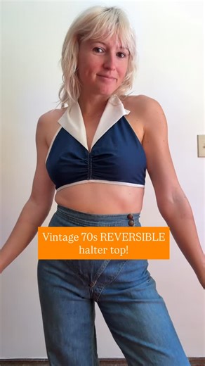 Caroline Tillman on Instagram: "Vintage 70s reversible collared halter crop top. One side red and one side blue. Fits well as 34b. $65 shipped, DM to purchase."
