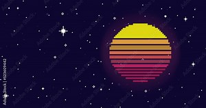 Pixel art space animation. Planet, stars, space. Pixel art 8 bit vector game retro. Retro pixel planet. Seamless animation