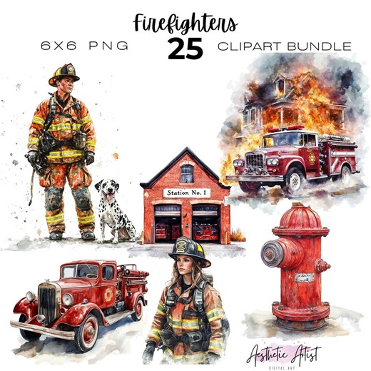 Watercolour Firefighters Clipart, Fire Station PNG, Fire Man, First Responder - Etsy