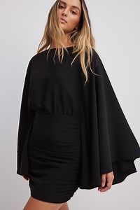 Wide Sleeve Draped Mini Dress Black