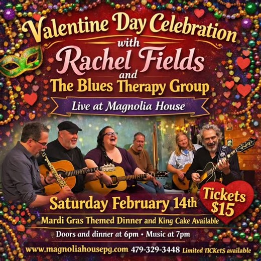 :💜❤️💚 Valentine’s Day Mardi Gras Vibes! 💚❤️💜 🎶 Rachel Fields & The Blues Therapy Group LIVE 🍽️ Dinner at 6PM | 🎸 Music at 7PM 🎟️ $15 • Limited tickets 📍 Magnolia House #ValentinesDay #MardiGrasVibes #LiveMusic #BluesMusic #brickfieldsmusic | Rachel Fields