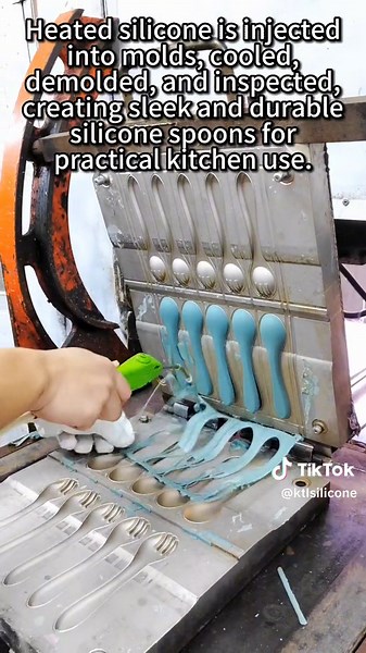 Silicone raw material is heated and injected into molds using an injection molding machine. Through cooling, solidification, demolding, and quality inspection, it creates finely crafted and durable silicone spoons for practical kitchen use.#siliconeproducts #factory #babyspoon #silicone