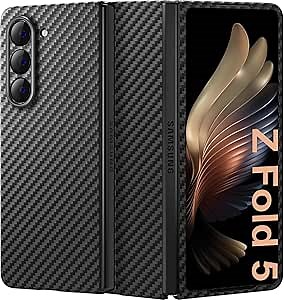 memumi Real Aramid Fiber for Samsung Galaxy Z Fold 5 Case, Sturdy Durable Aramid 0.5 mm Slim Case for Galaxy Z Fold5 Carbon Fiber with Military-Grade Drop Protection Black