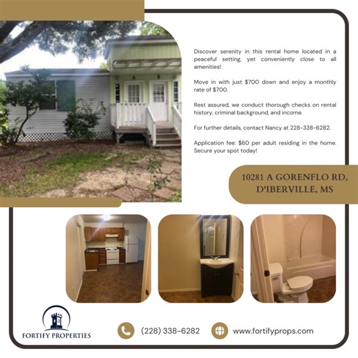 Discover serenity in this rental home located in a peaceful setting, yet conveniently close to all amenities! Move in with just $700 down and enjoy a monthly rate of $700. Rest assured, we conduct thorough checks on rental history, criminal background, and income. For further details, contact Nancy at 228-338-6282. Application fee: $60 per adult residing in the home. Secure your spot today! | Fortify Properties | Facebook